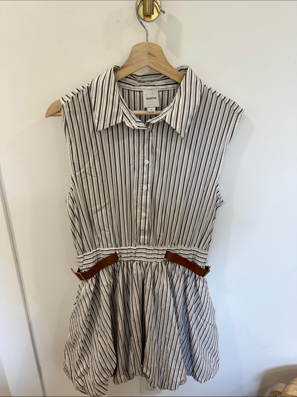 Maeve Sleeveless Striped Shirt Dress in White, Black and Brown Belt Accents